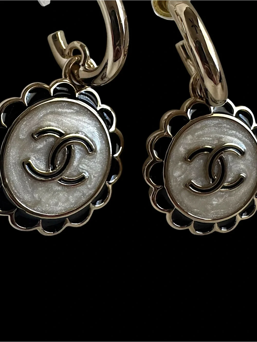 Upcycled Silver and Black CC Medallion Drop Hoop Earrings